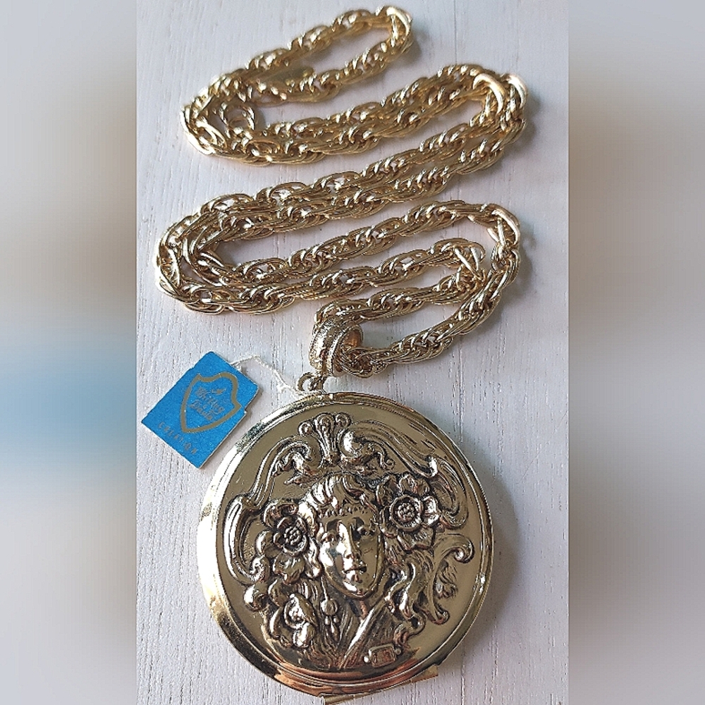 Whiting and Davis art nouveau oversized locket and chain.